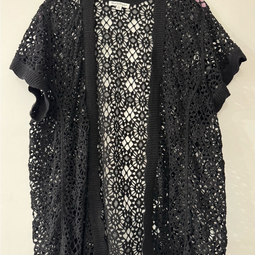 NorthStyle Black Crochet Open-Front Cardigan